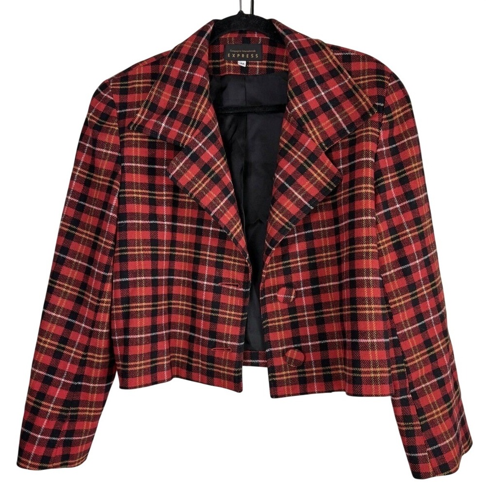 Vintage Compagnie Internationale Express Plaid Wool Blazer Red Black Cropped Med